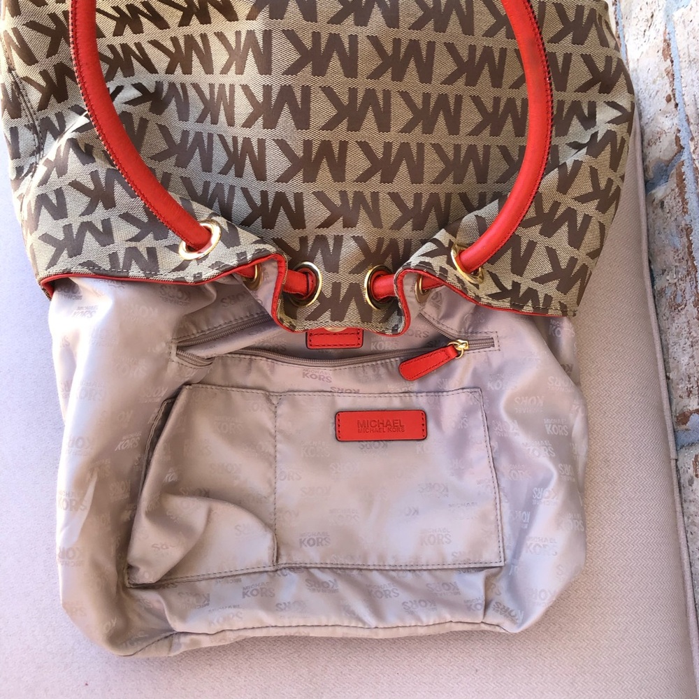 Michael Kors Signature Jacquard East West Ring Tan Orange Red Medium Tote Bag - Picture 9 of 16